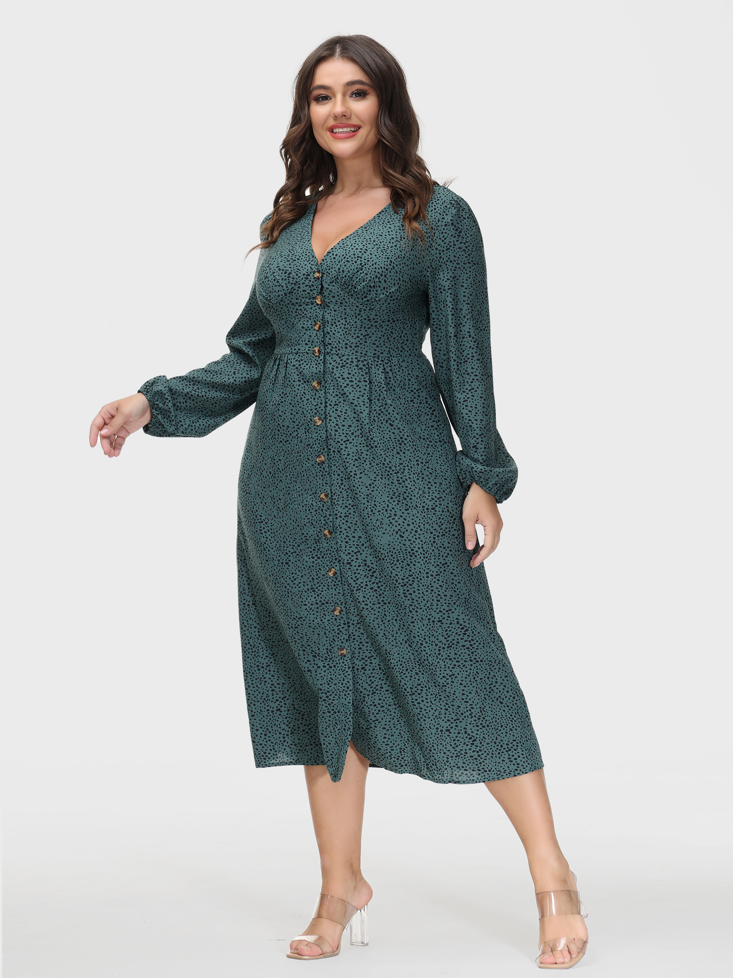 Leopard Printed V-Neck Fitted Button Down Dress