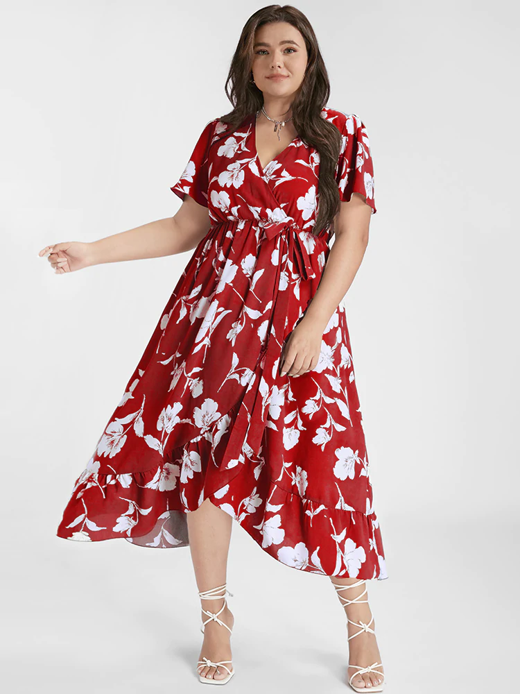 Floral Ruffle Knot Side Wrap Dress(Buy 2 Free Shipping)