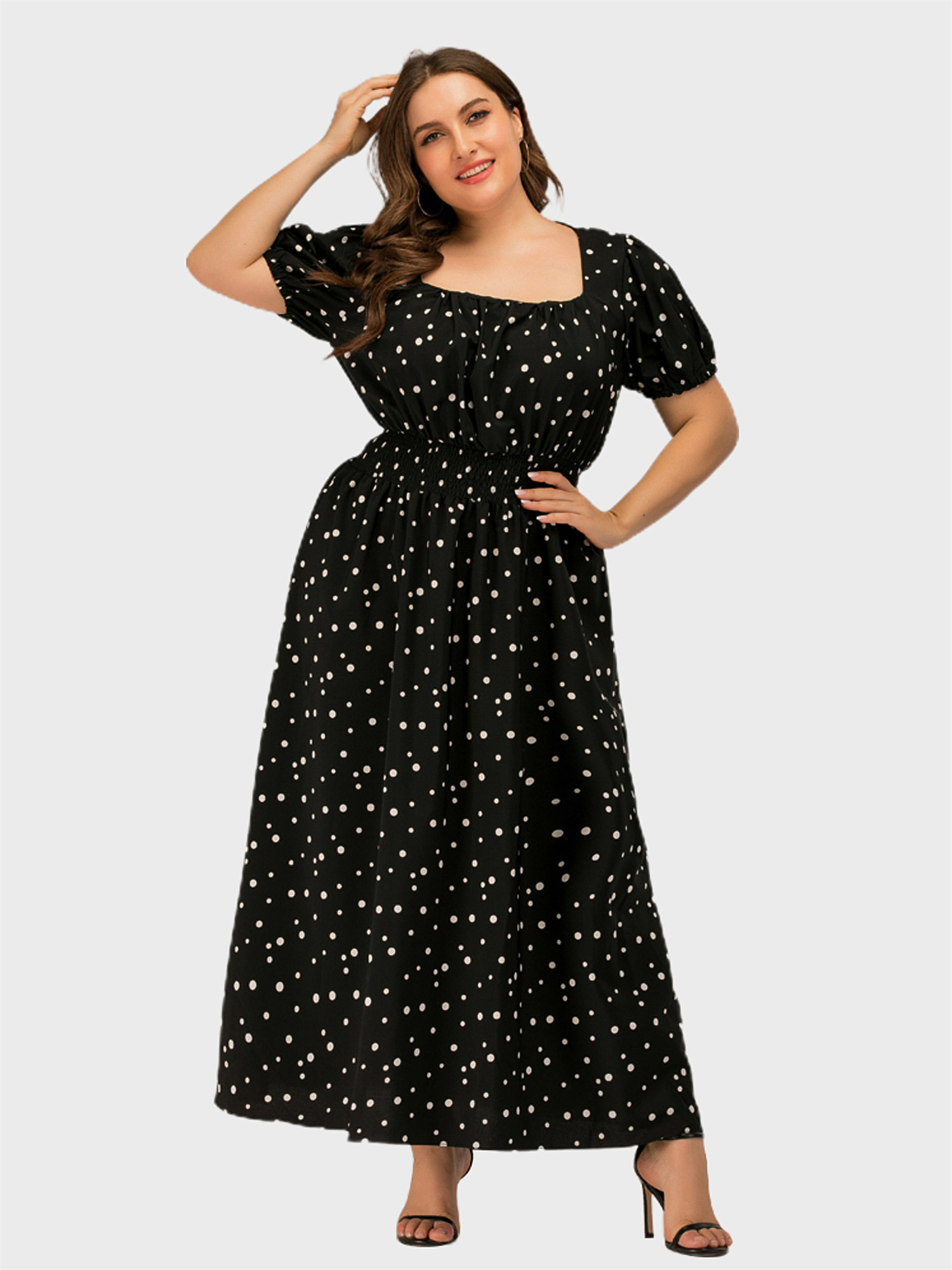 Square Neck Slimming Polka Dots Maxi Dress