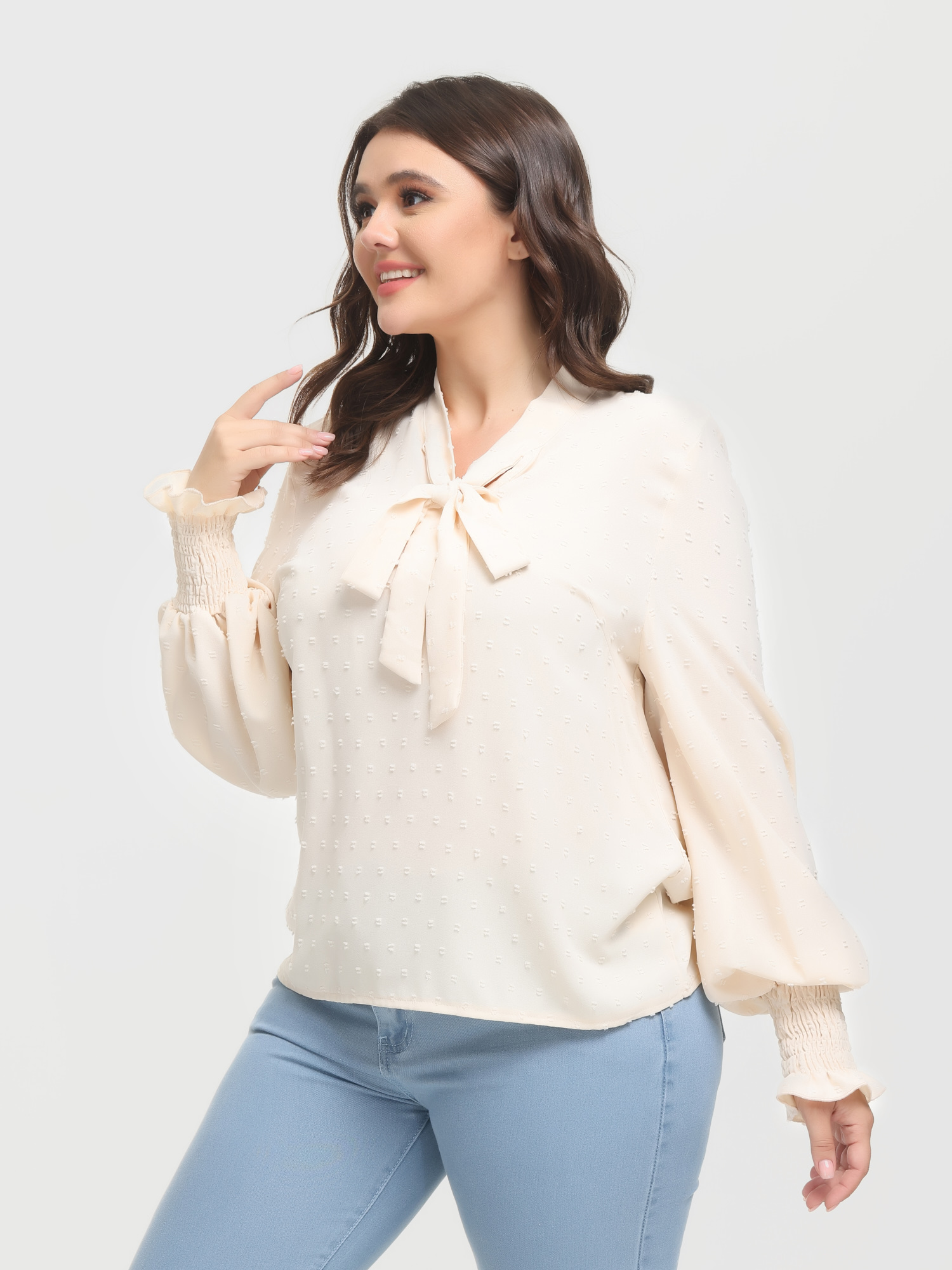 Shirring Long Sleeve Bow Blouse