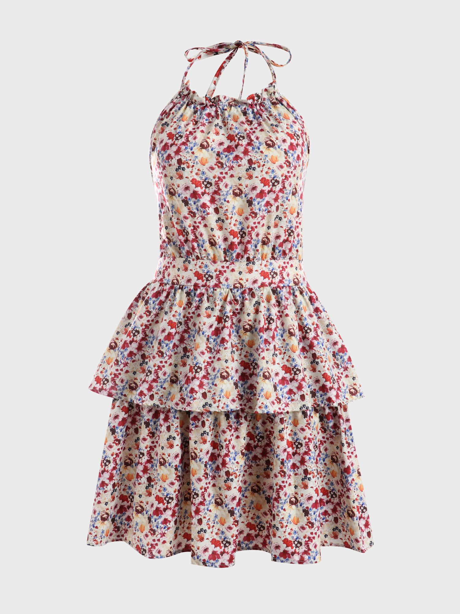 Alluring Floral Print Tiered Halter Dress