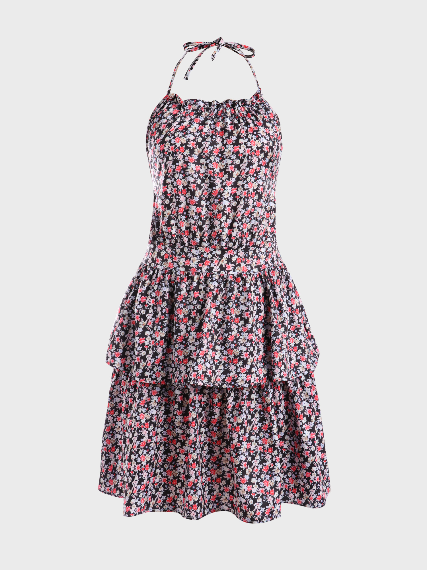 Alluring Floral Print Tiered Halter Dress