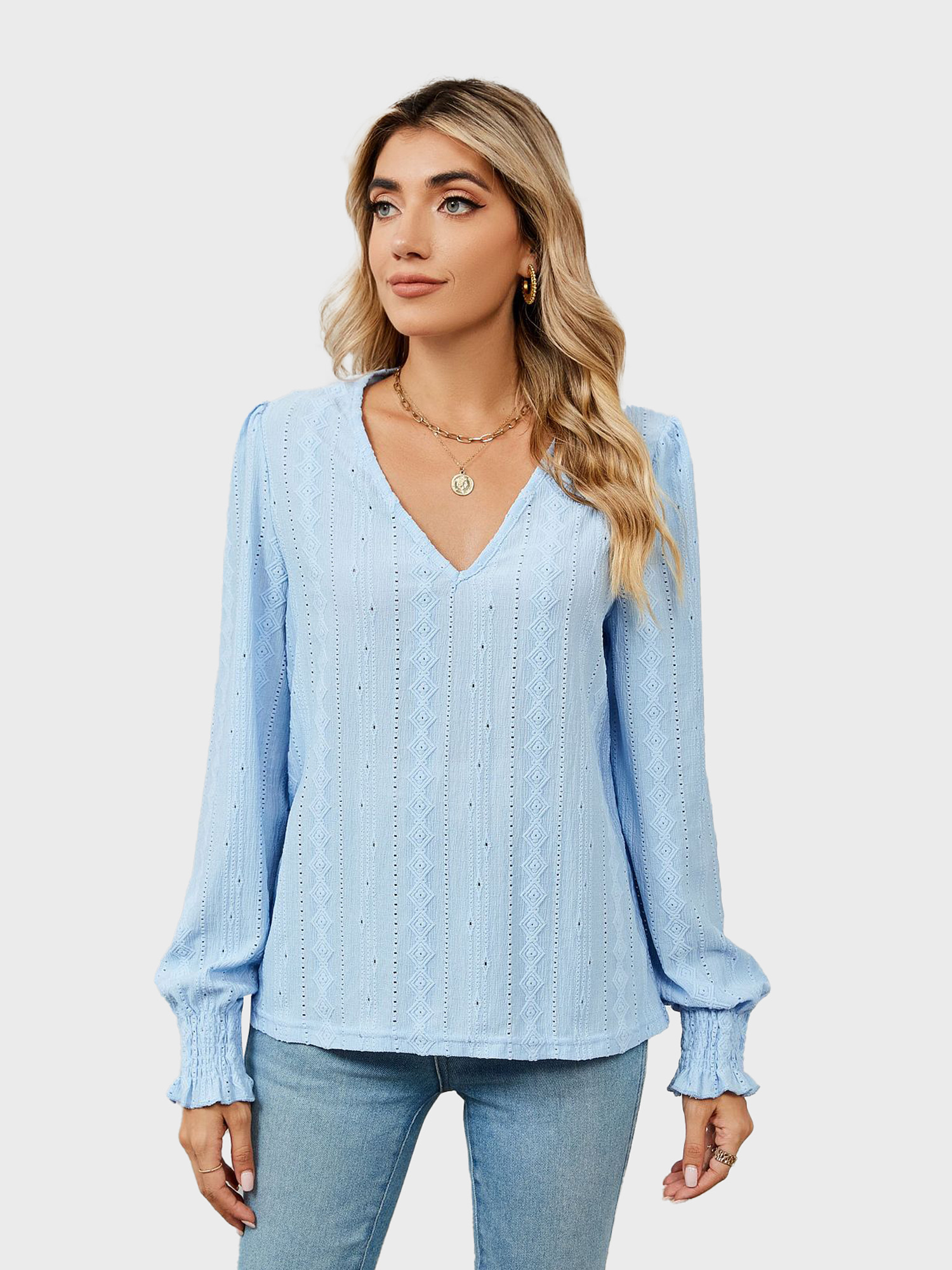 Versatile V-Neck Eyelet Blouse