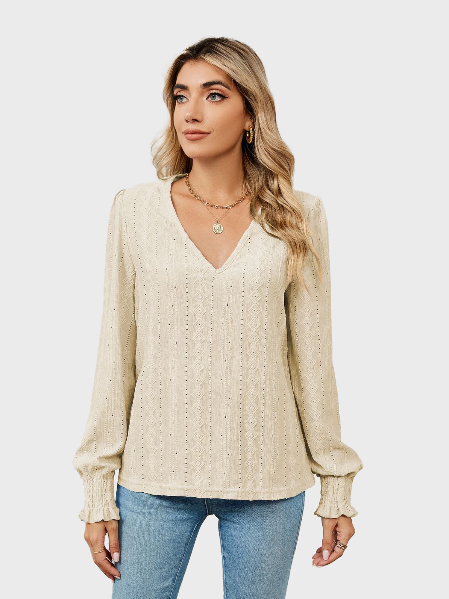 Versatile V-Neck Eyelet Blouse