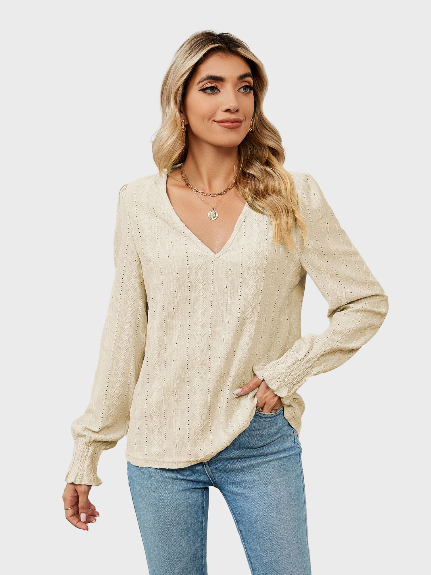 Versatile V-Neck Eyelet Blouse