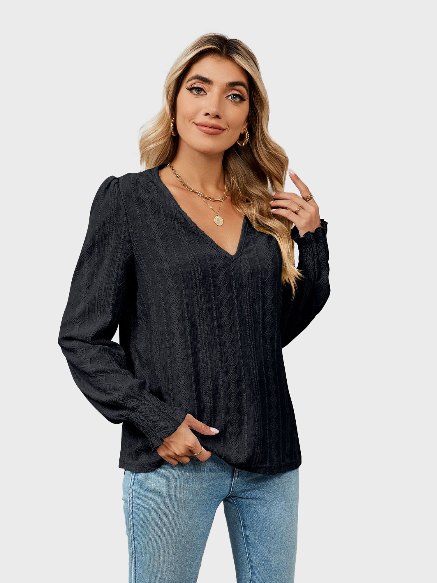 Versatile V-Neck Eyelet Blouse