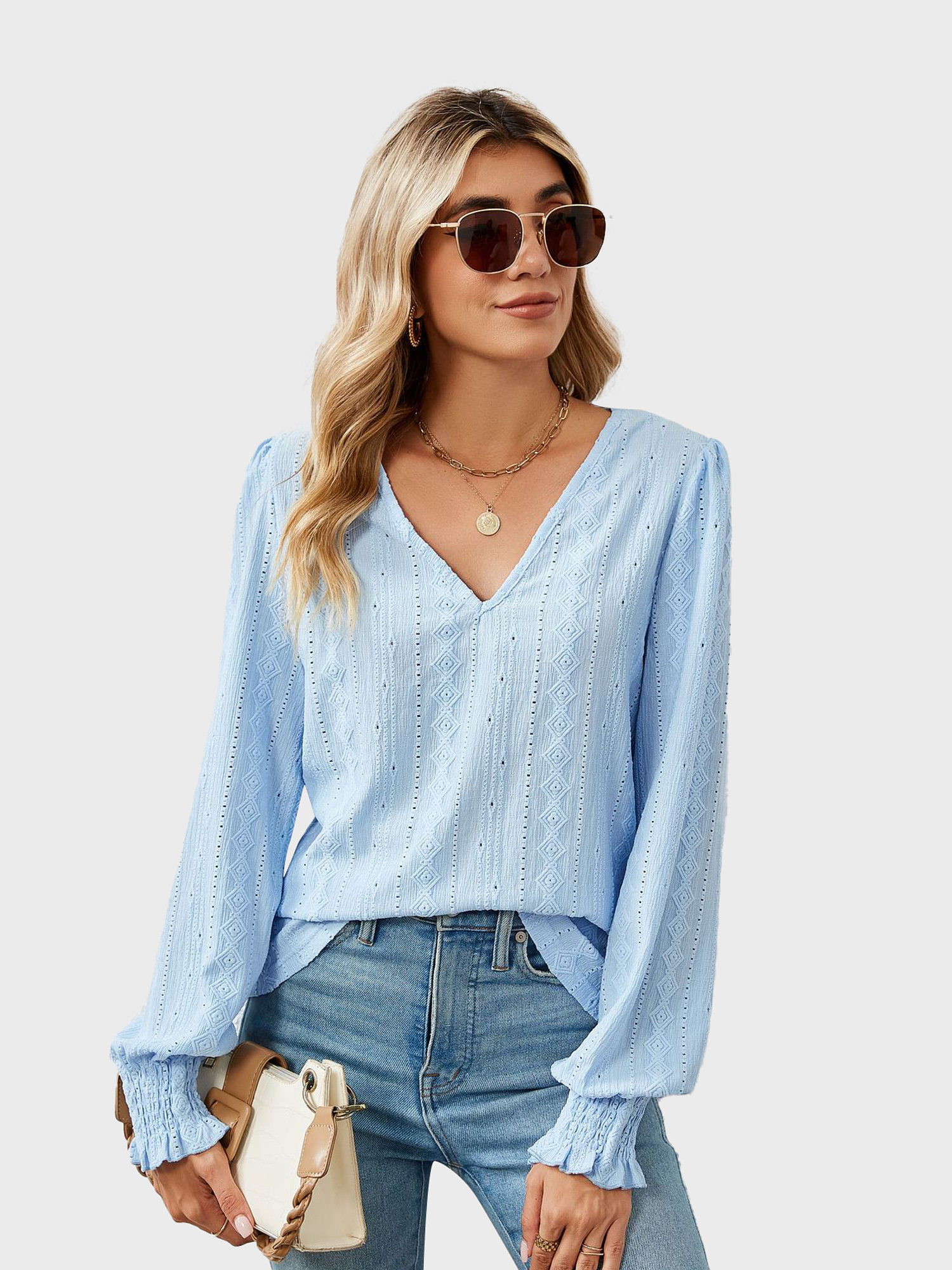 Versatile V-Neck Eyelet Blouse