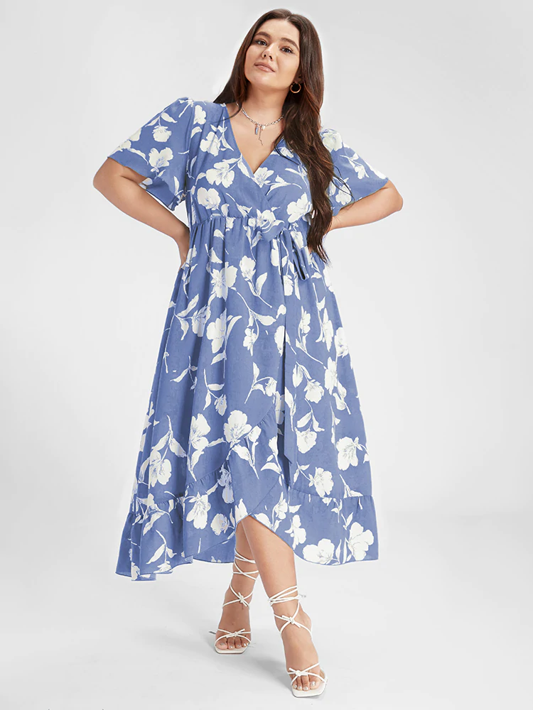 Floral Ruffle Knot Side Wrap Dress(Buy 2 Free Shipping)