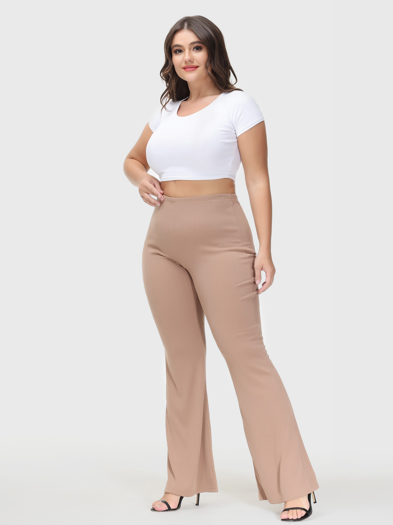 Casual High Waist Drop Flared Ribbed Pants