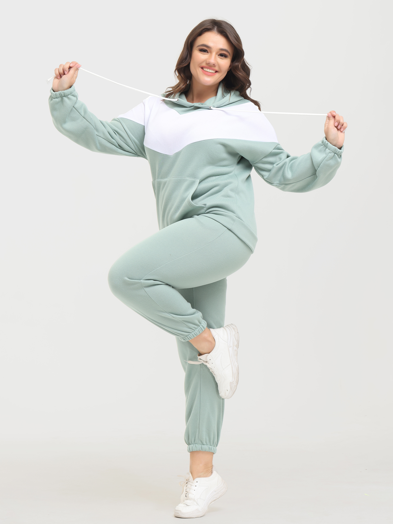 Casual Fashion Colorblock Fleece Hoodie 2-Piece Set