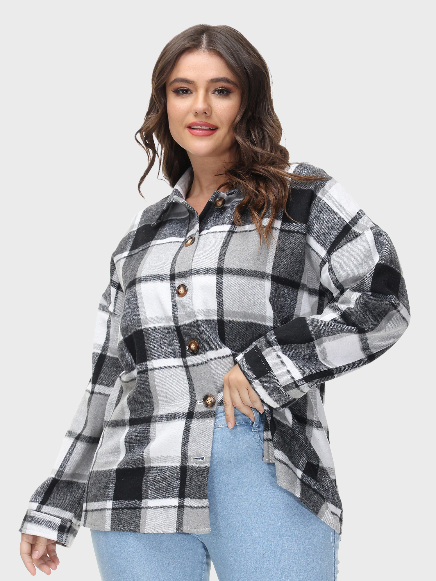 Long Sleeves Loose Lapel Plaid Tweed Shacket