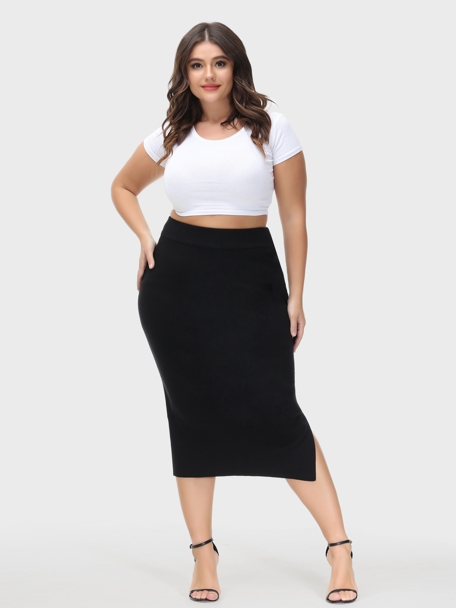 High-Waisted Slit Hip-Wrap Midi Skirt