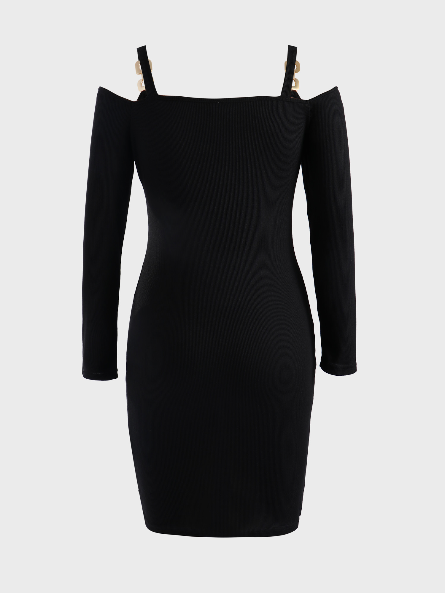 Deep-V Ribbed Knitted Long Sleeve Dress