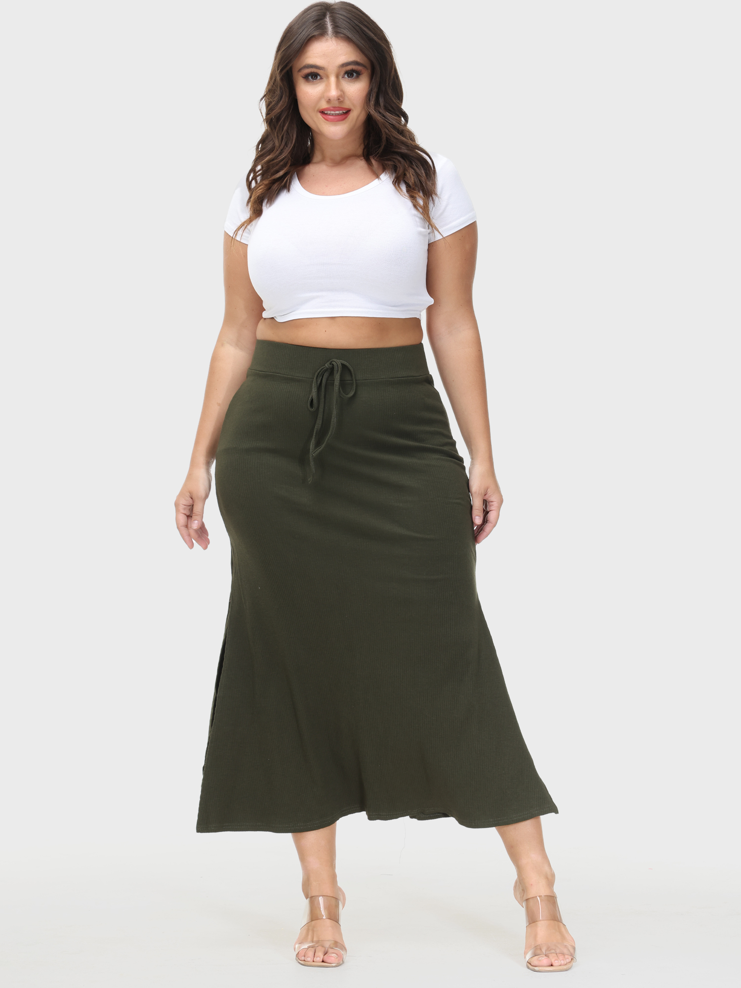 High-Waisted Slit Tied-Waistband Midi Skirt