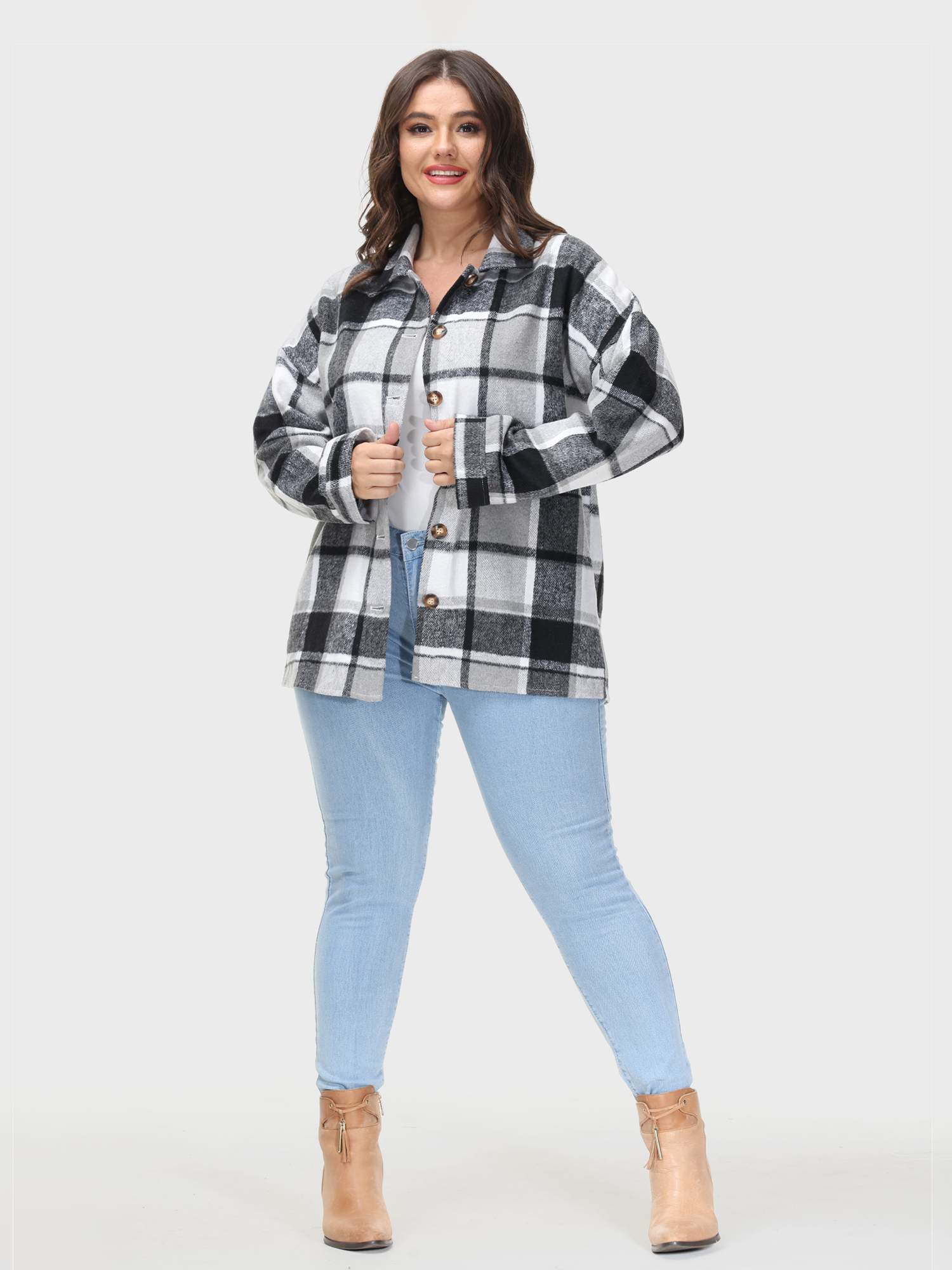 Long Sleeves Loose Lapel Plaid Tweed Shacket