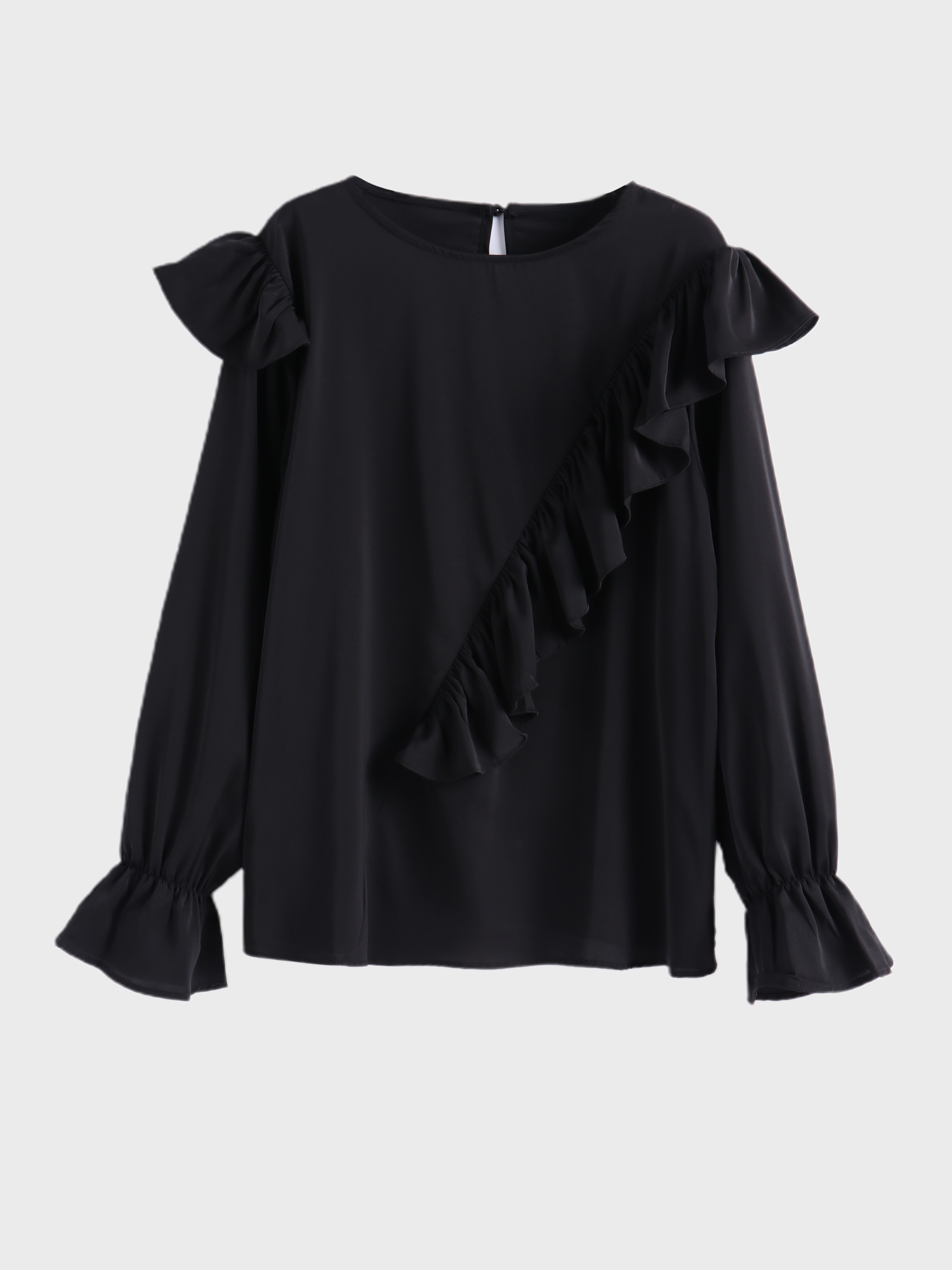 Ruffled Flared Sleeve Round Neck Blouse