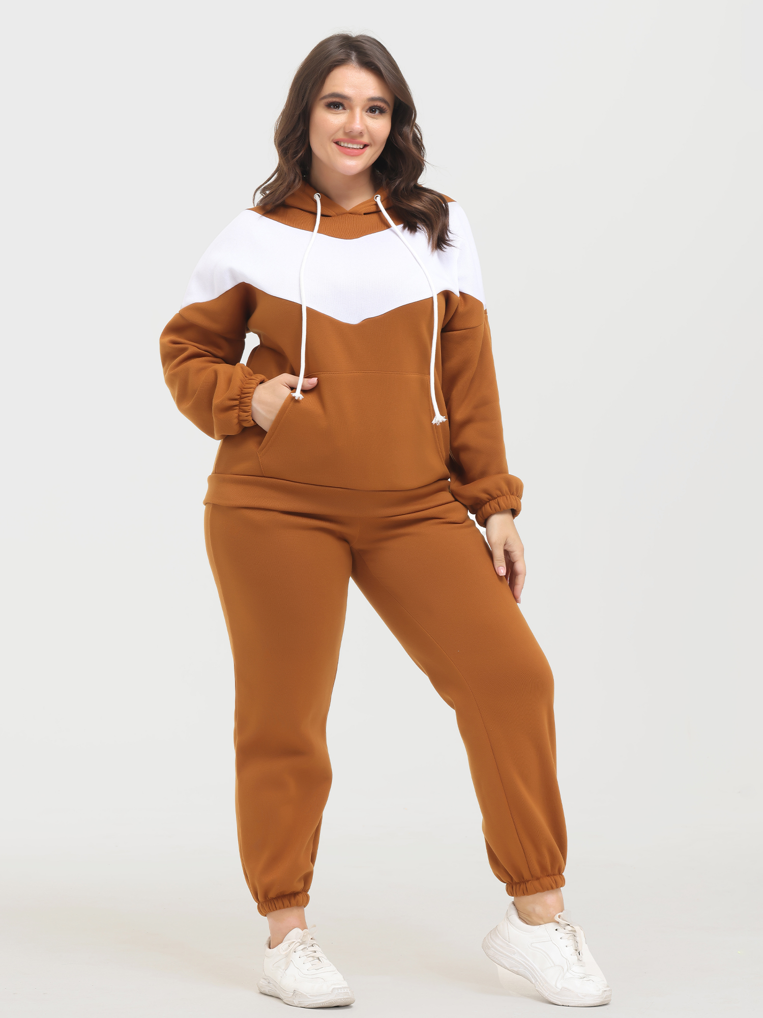 Casual Fashion Colorblock Fleece Hoodie 2-Piece Set