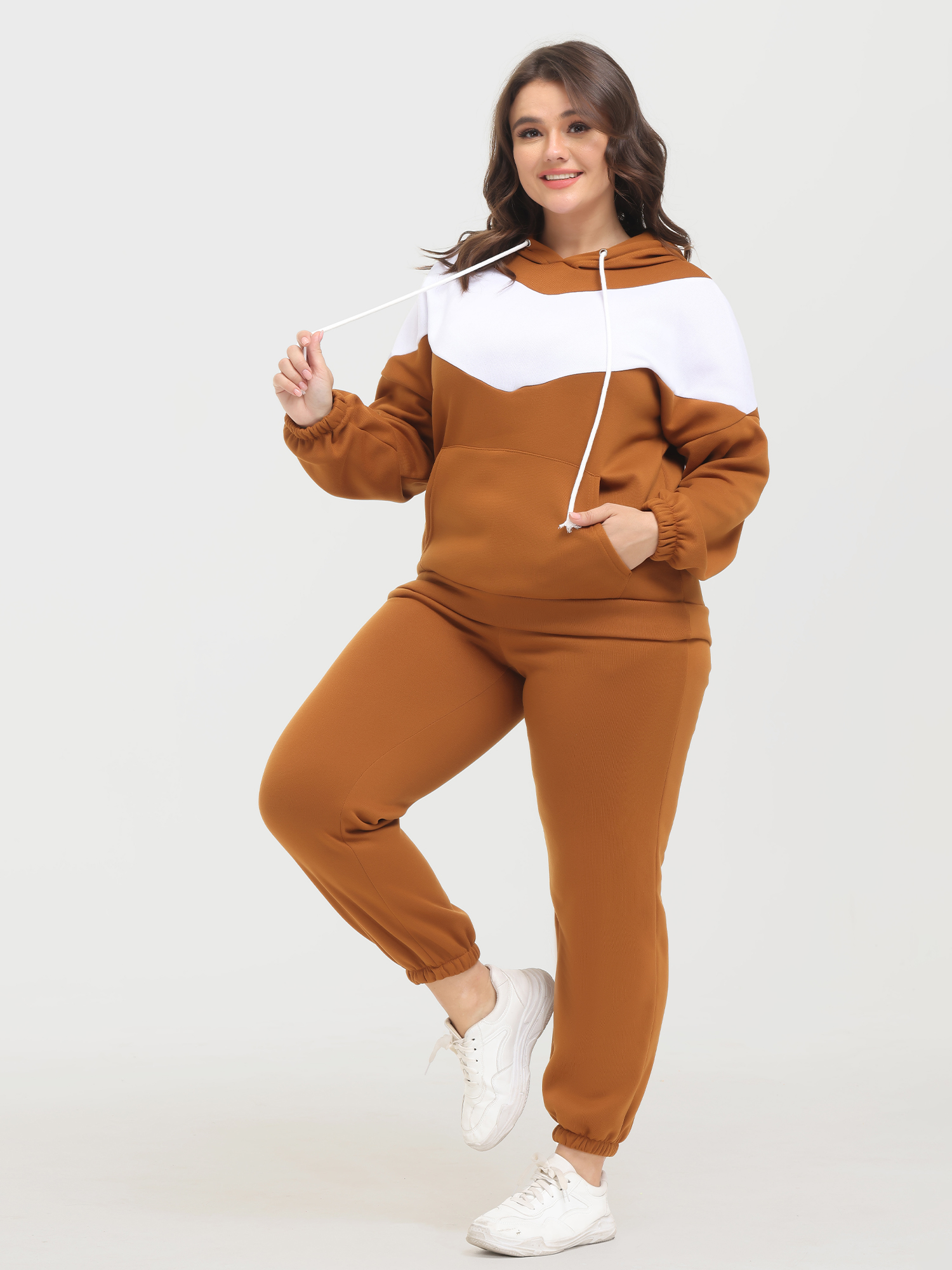 Casual Fashion Colorblock Fleece Hoodie 2-Piece Set