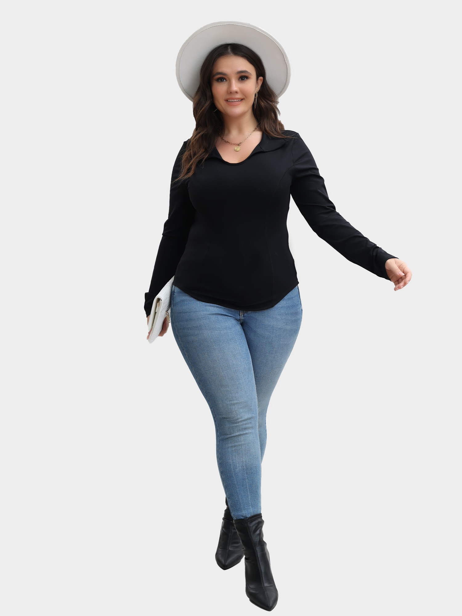 Long Sleeve Curved Hem V-Neck Top