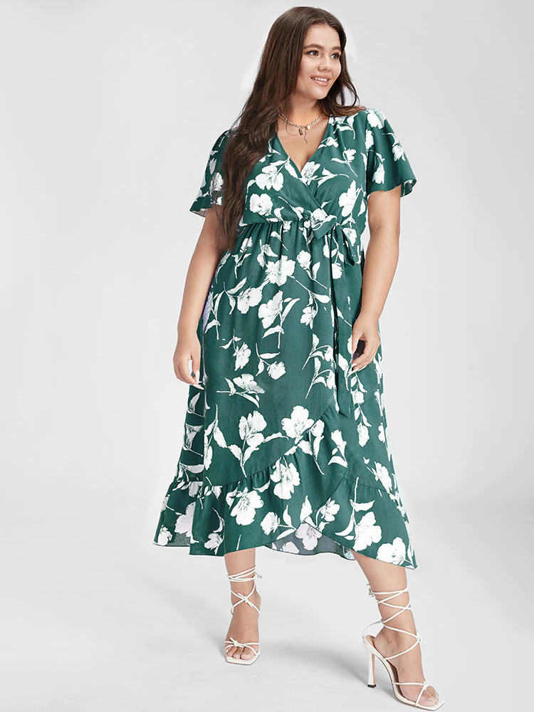 Floral Ruffle Knot Side Wrap Dress(Buy 2 Free Shipping)