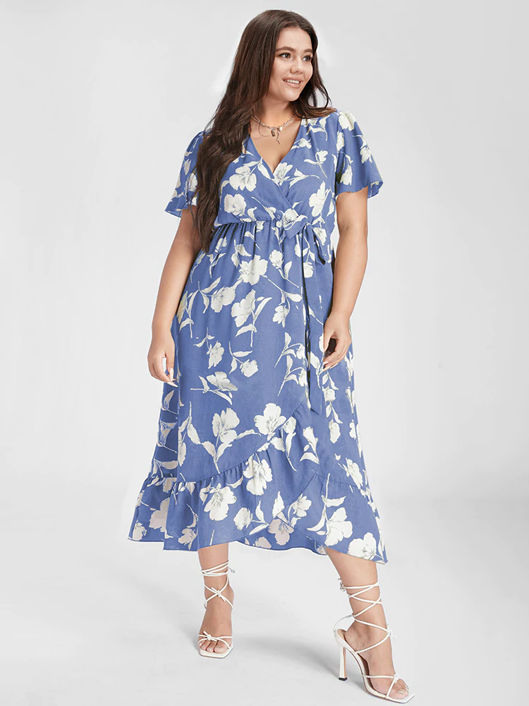 Floral Ruffle Knot Side Wrap Dress(Buy 2 Free Shipping)