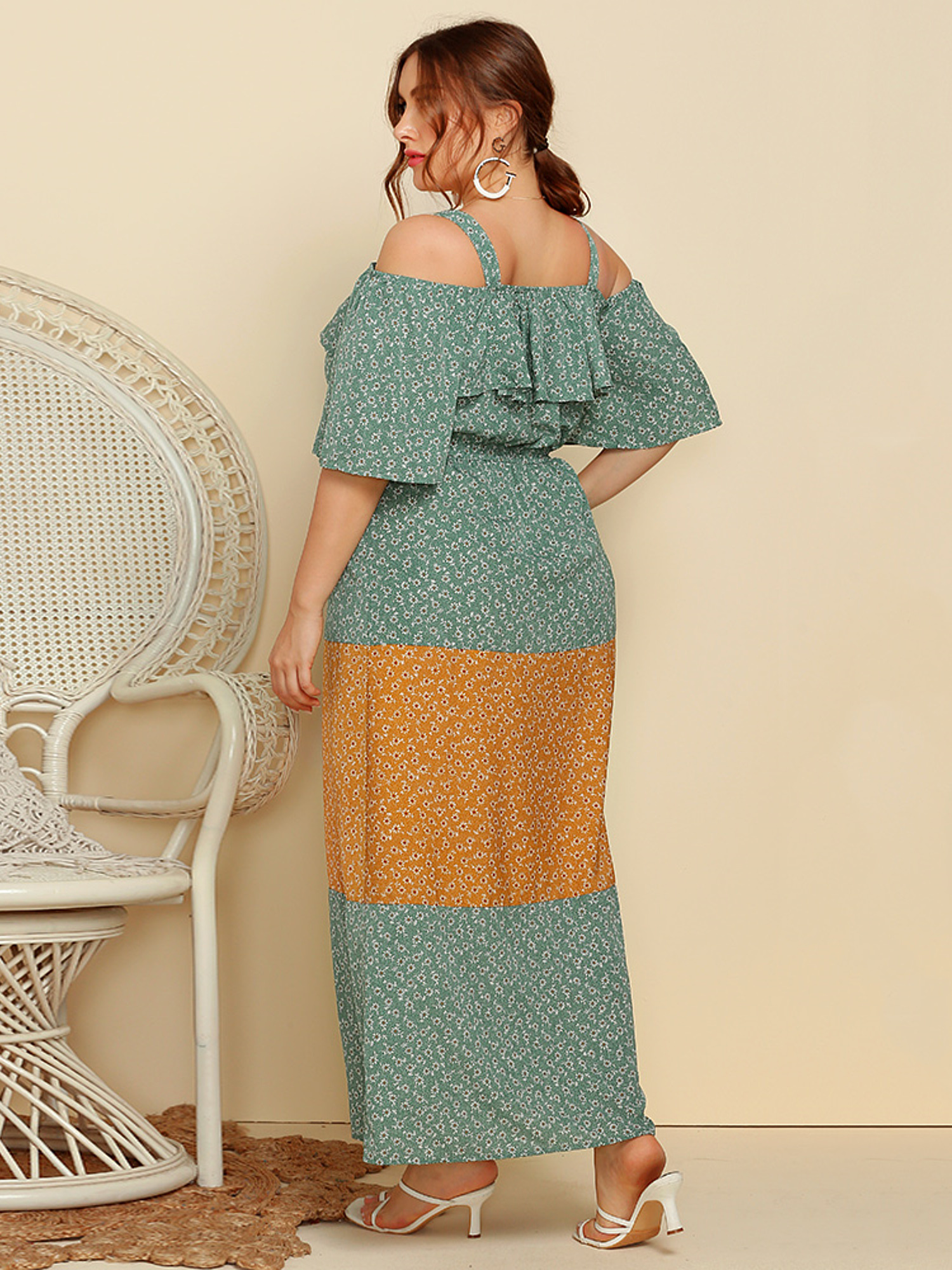 Ruffle Color-Block loose Floral Camisole Dress