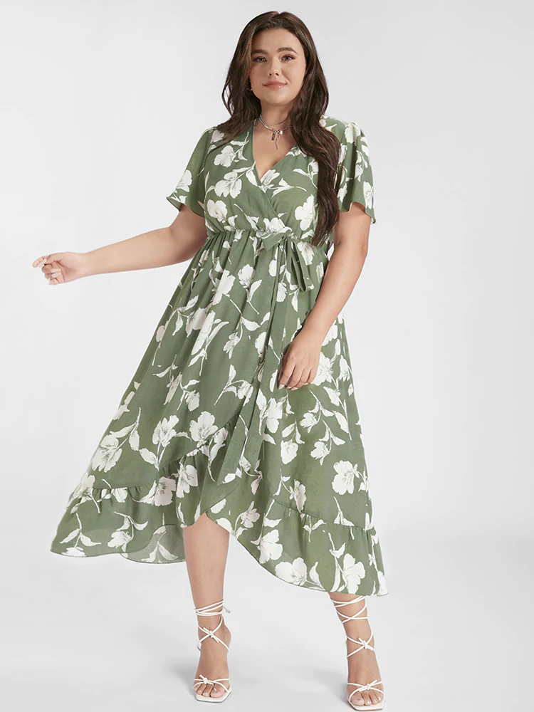 Floral Ruffle Knot Side Wrap Dress(Buy 2 Free Shipping)