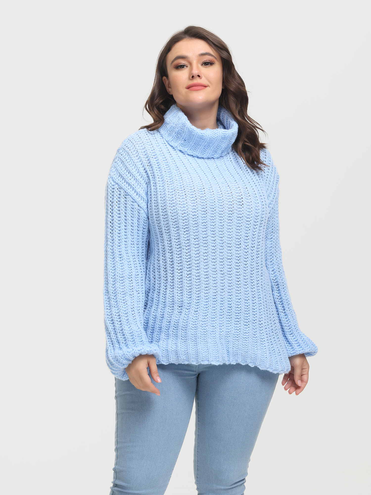 Puffy Turtleneck Long Sleeve Knit Pullover Sweater