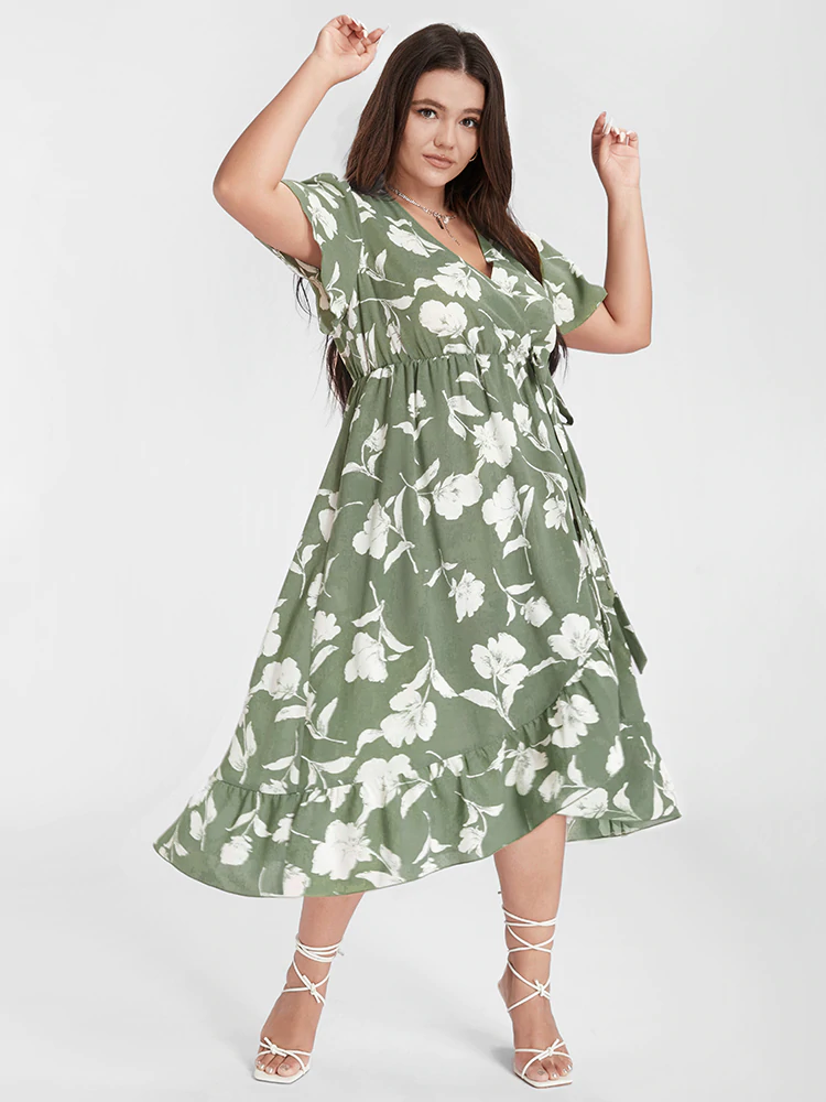 Floral Ruffle Knot Side Wrap Dress(Buy 2 Free Shipping)