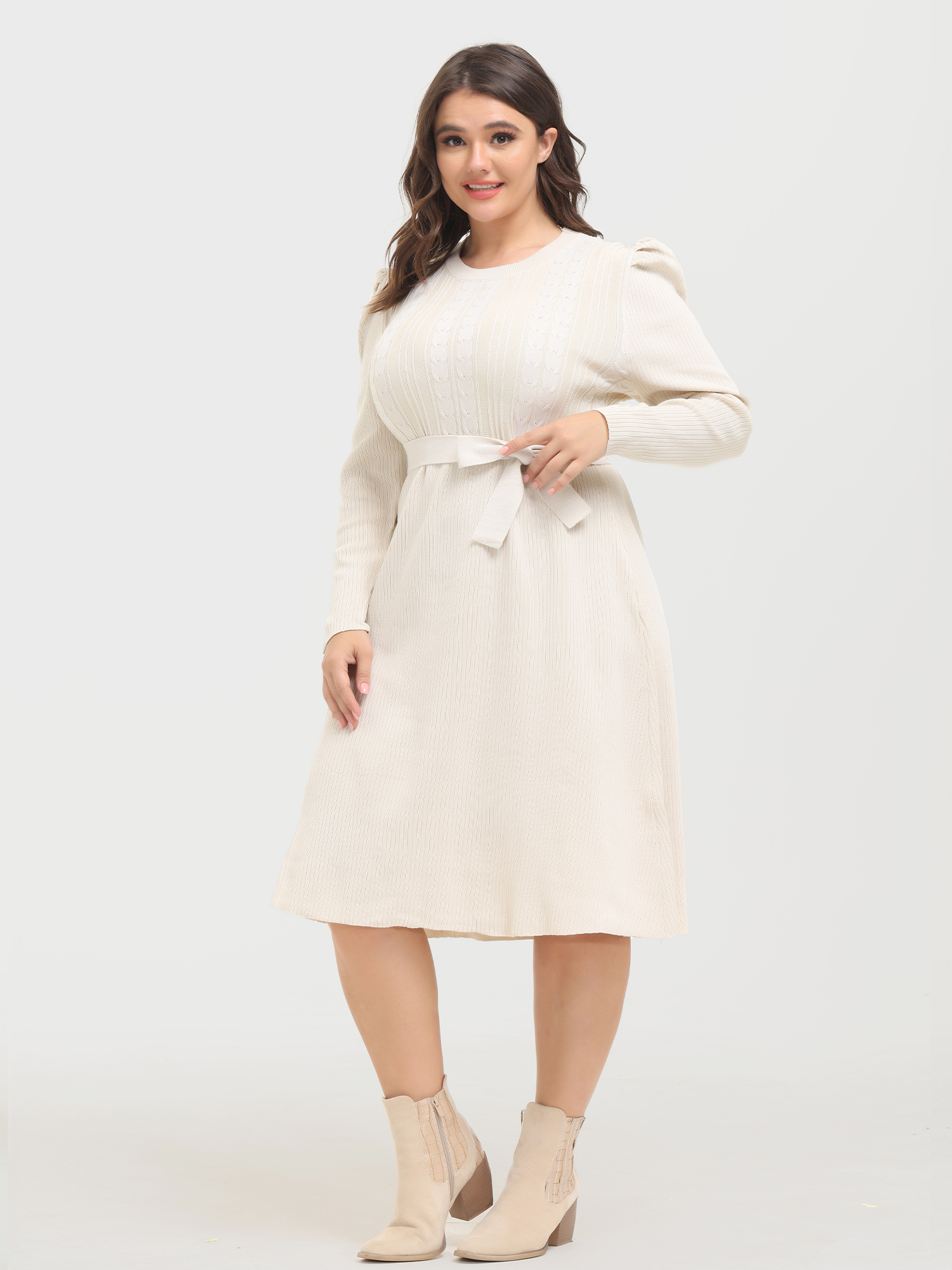 Slim Puff-Sleeve Knitted Midi Dress with Belt