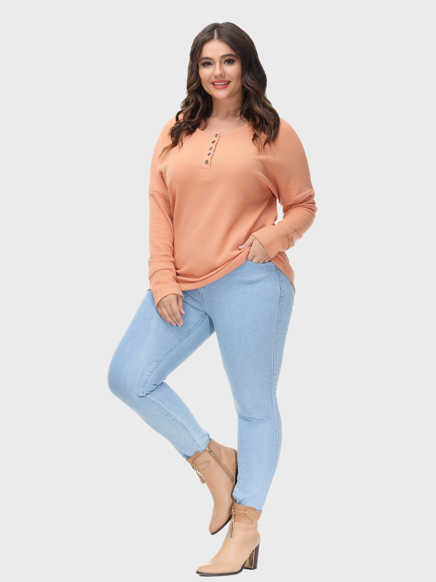 Crewneck Button-Embellished Waffle Knit Sweater