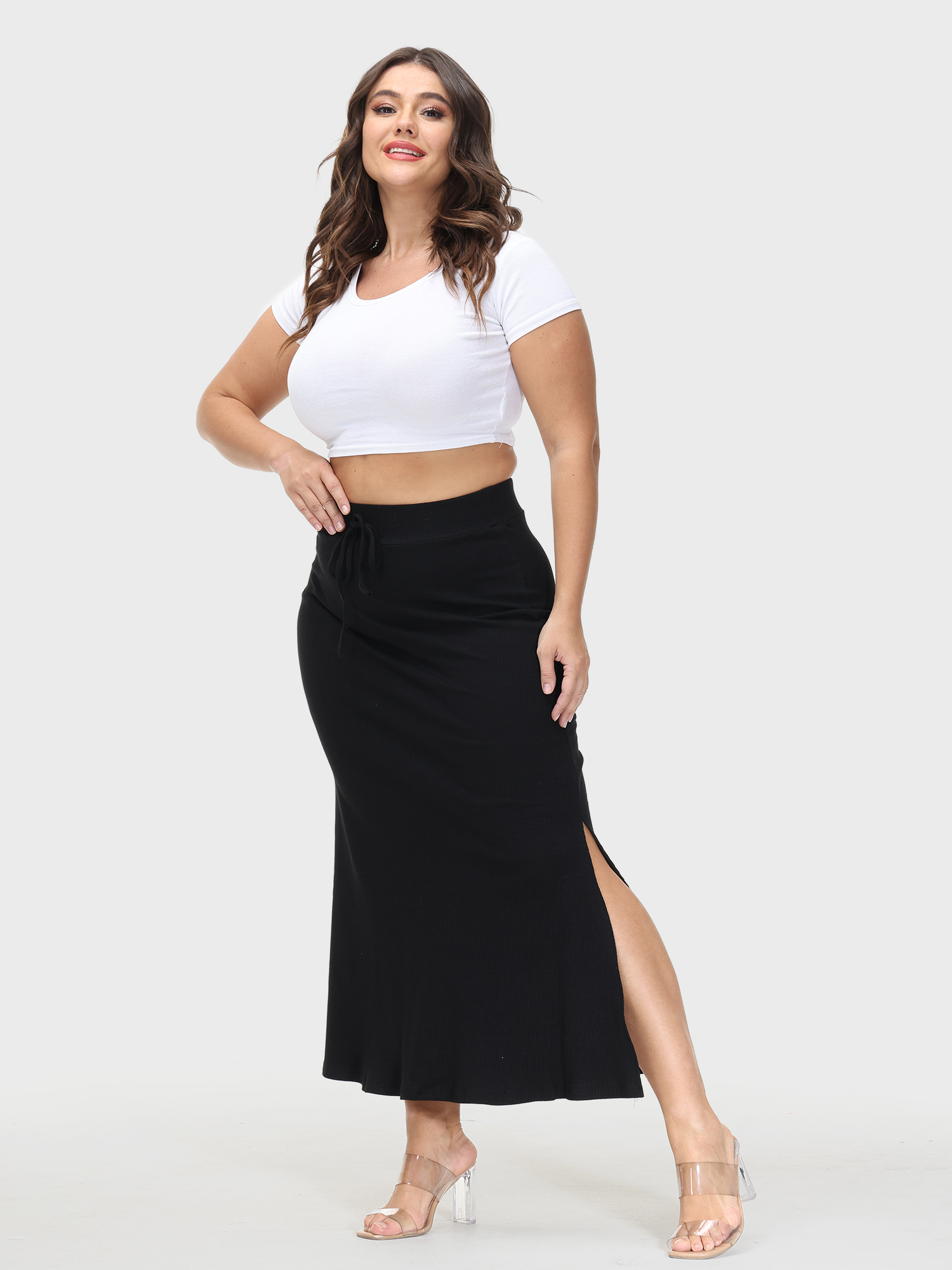 High-Waisted Slit Tied-Waistband Midi Skirt