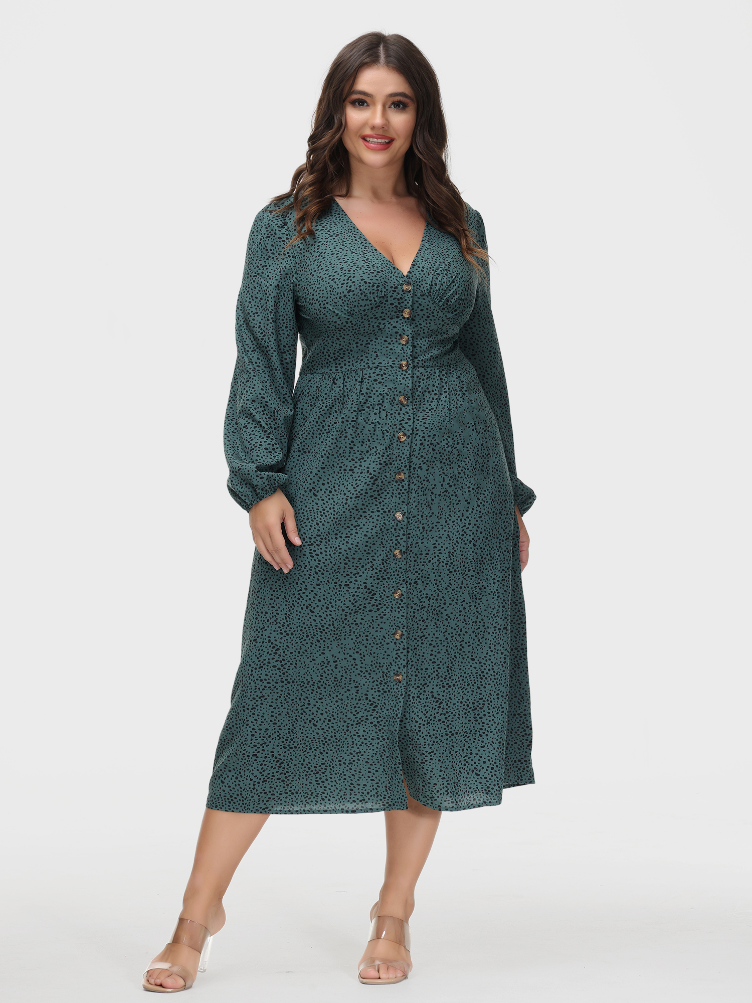 Leopard Printed V-Neck Fitted Button Down Dress