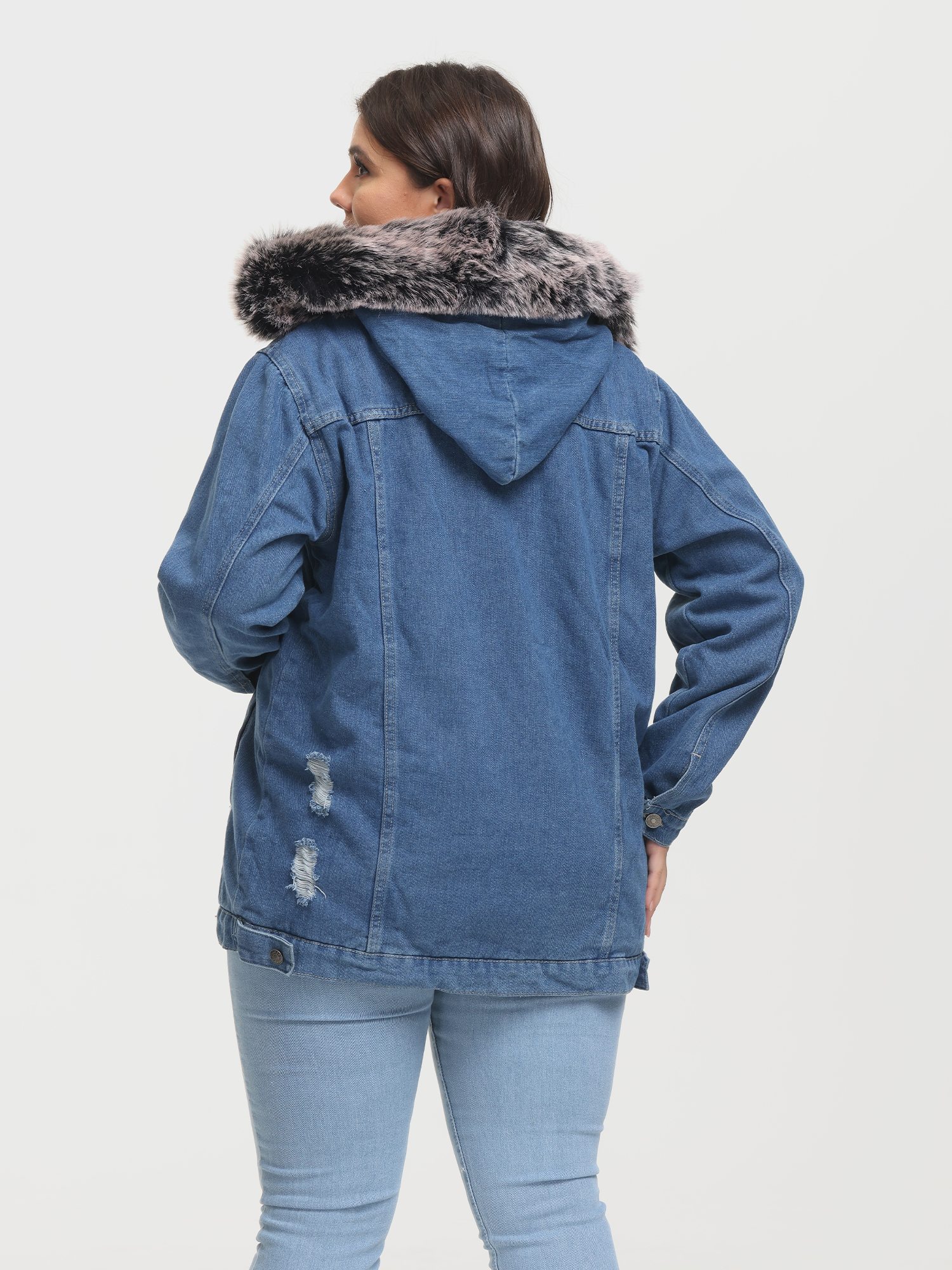 Button Plush Hooded Denim Jacket