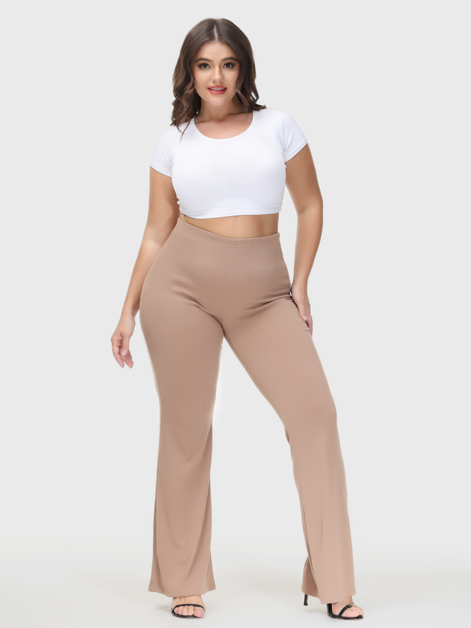 Casual High Waist Drop Flared Ribbed Pants