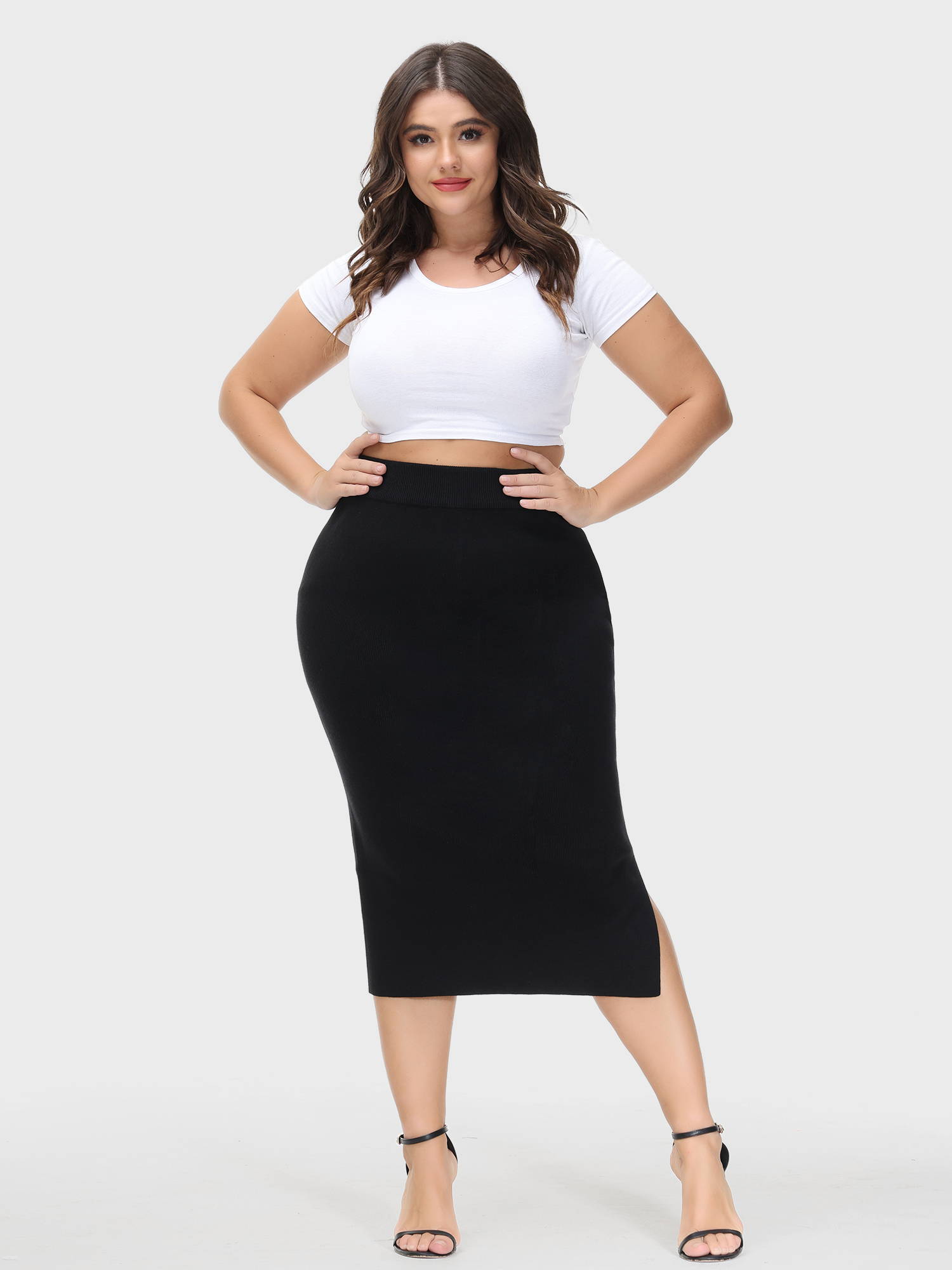 High-Waisted Slit Hip-Wrap Midi Skirt