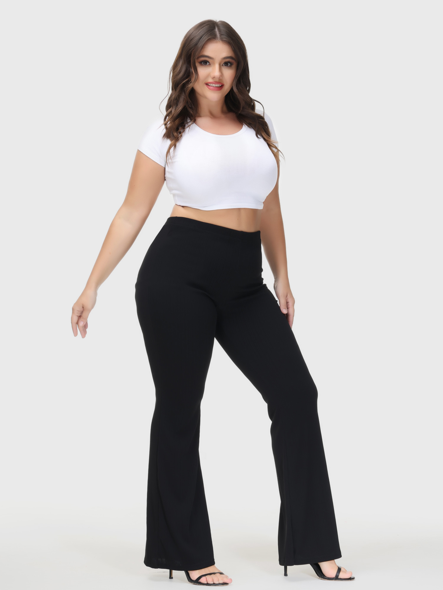 Casual High Waist Drop Flared Ribbed Pants