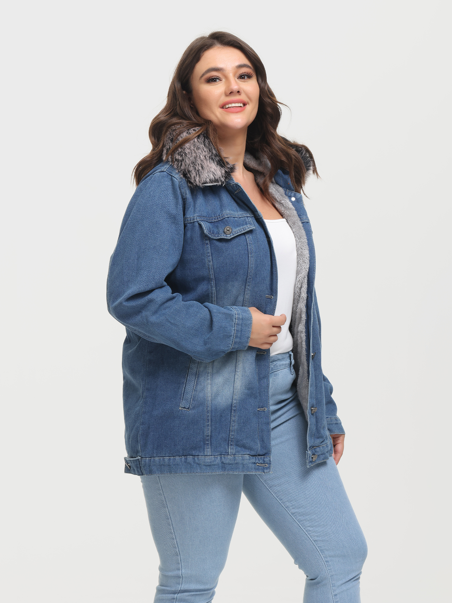 Button Plush Hooded Denim Jacket