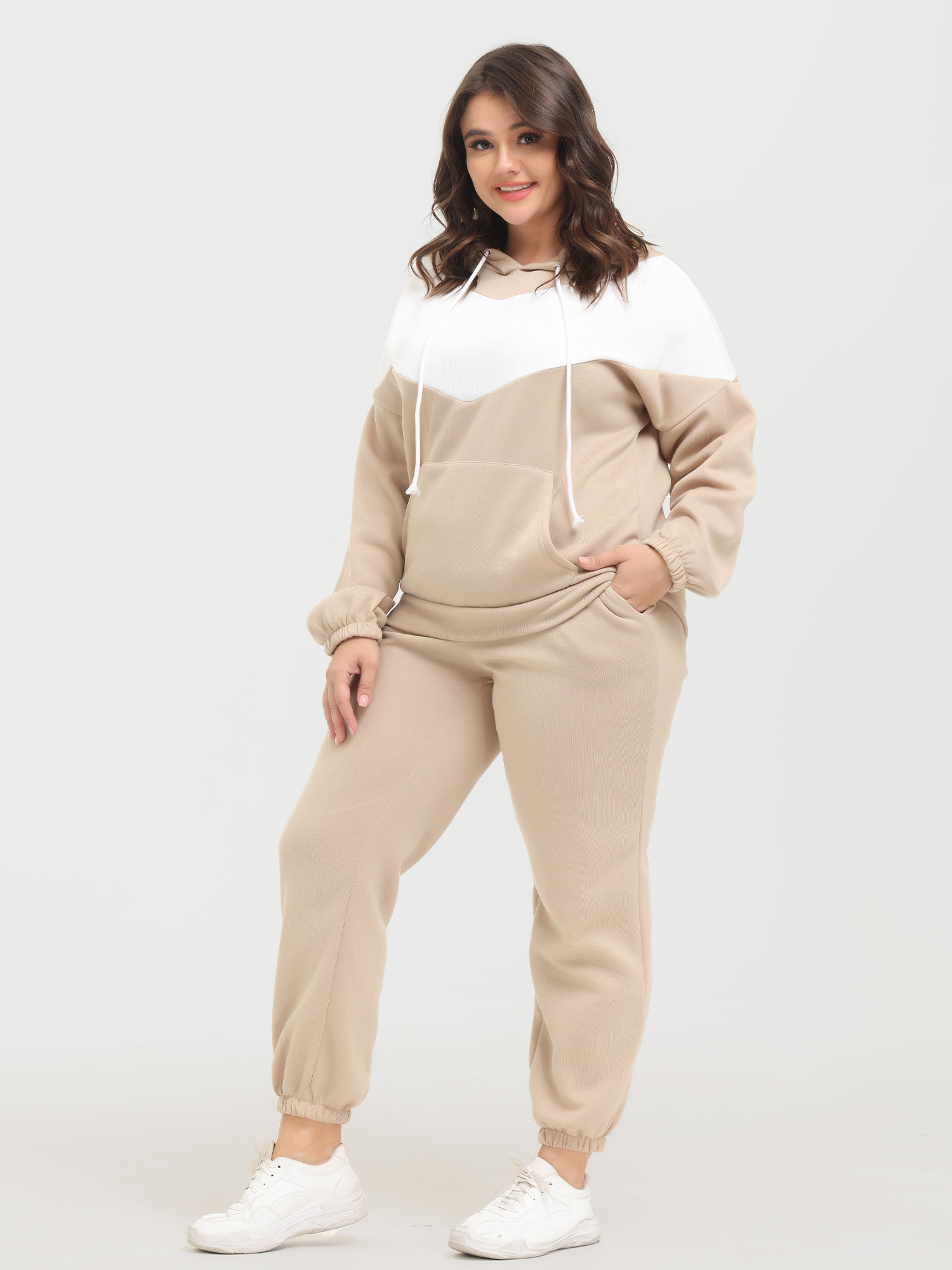 Casual Fashion Colorblock Fleece Hoodie 2-Piece Set