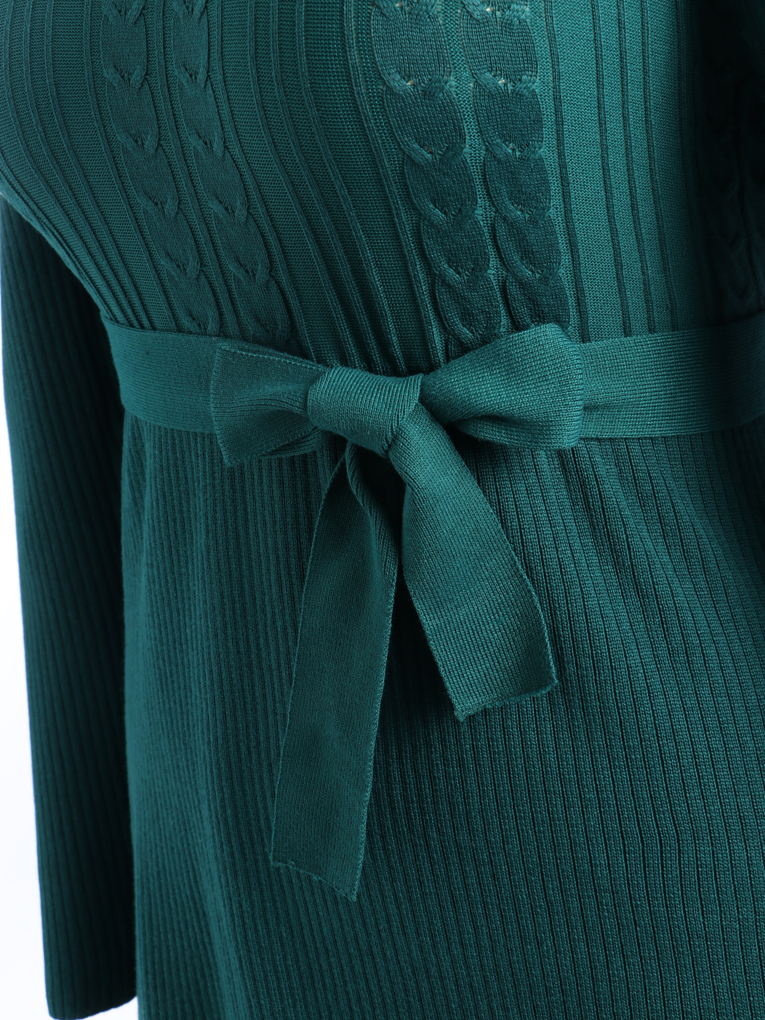 Slim Puff-Sleeve Knitted Midi Dress with Belt