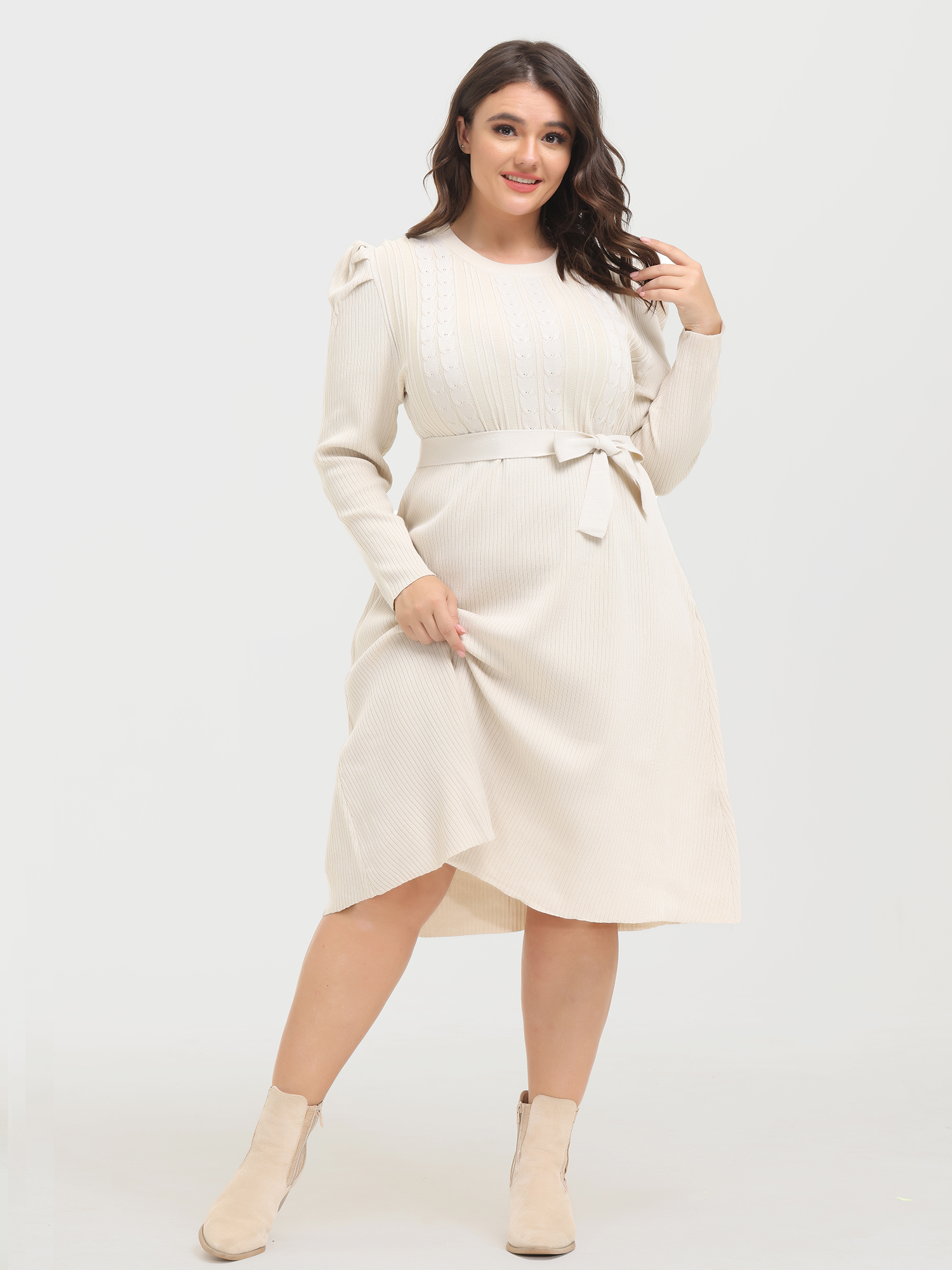 Slim Puff-Sleeve Knitted Midi Dress with Belt