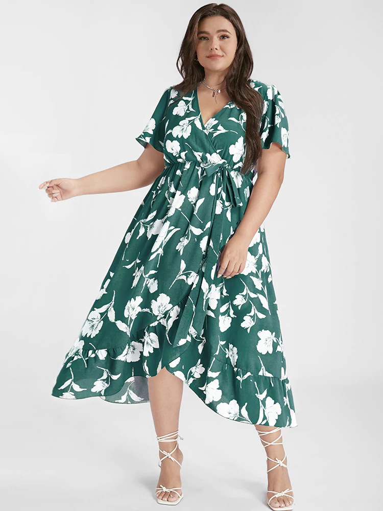 Floral Ruffle Knot Side Wrap Dress(Buy 2 Free Shipping)