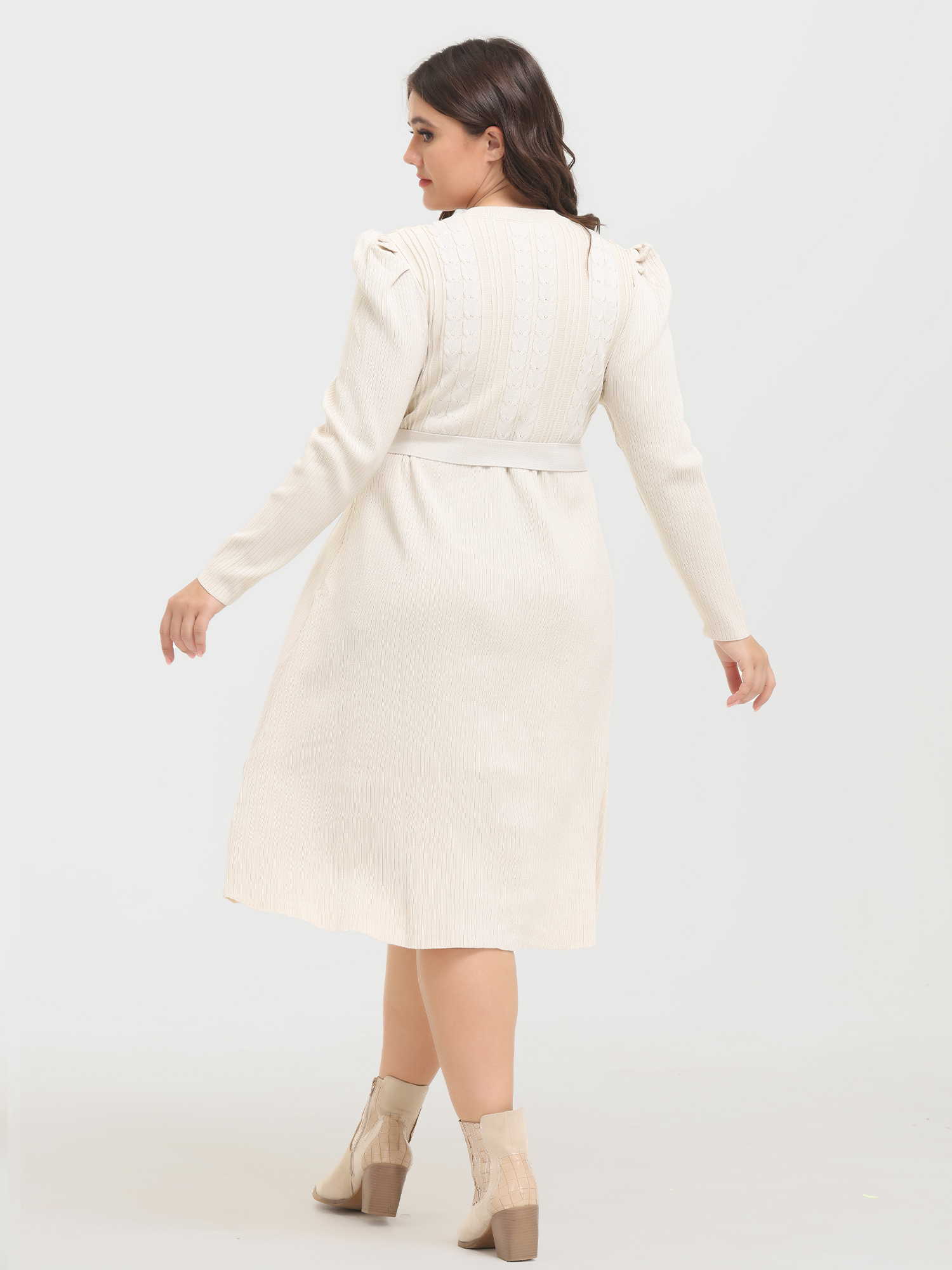 Slim Puff-Sleeve Knitted Midi Dress with Belt