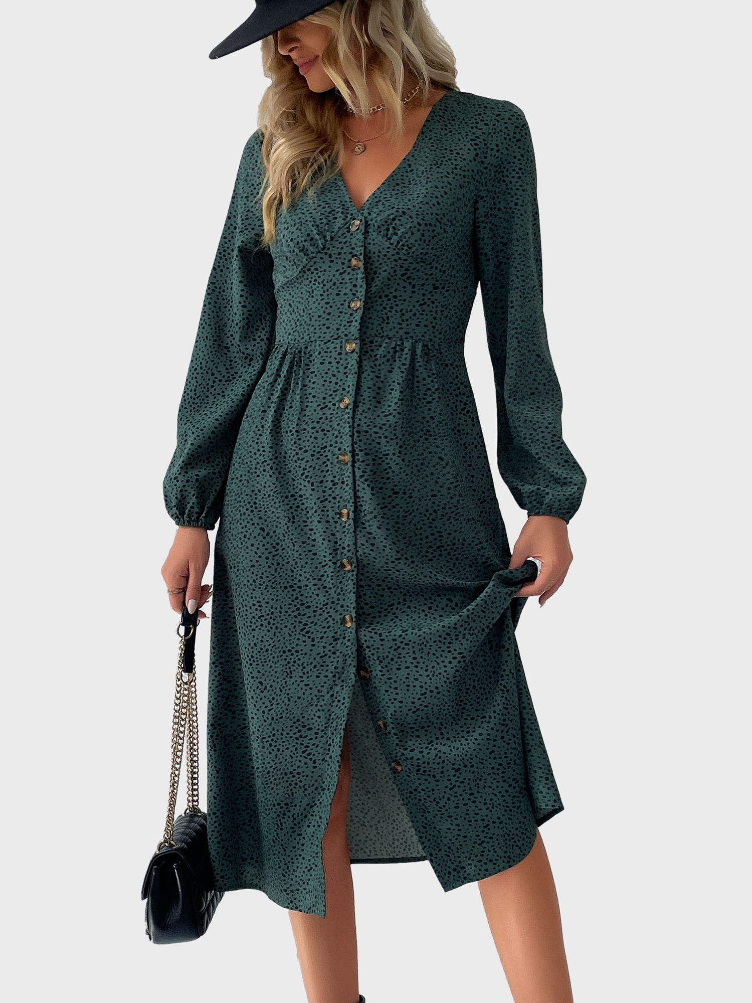 Leopard Printed V-Neck Fitted Button Down Dress