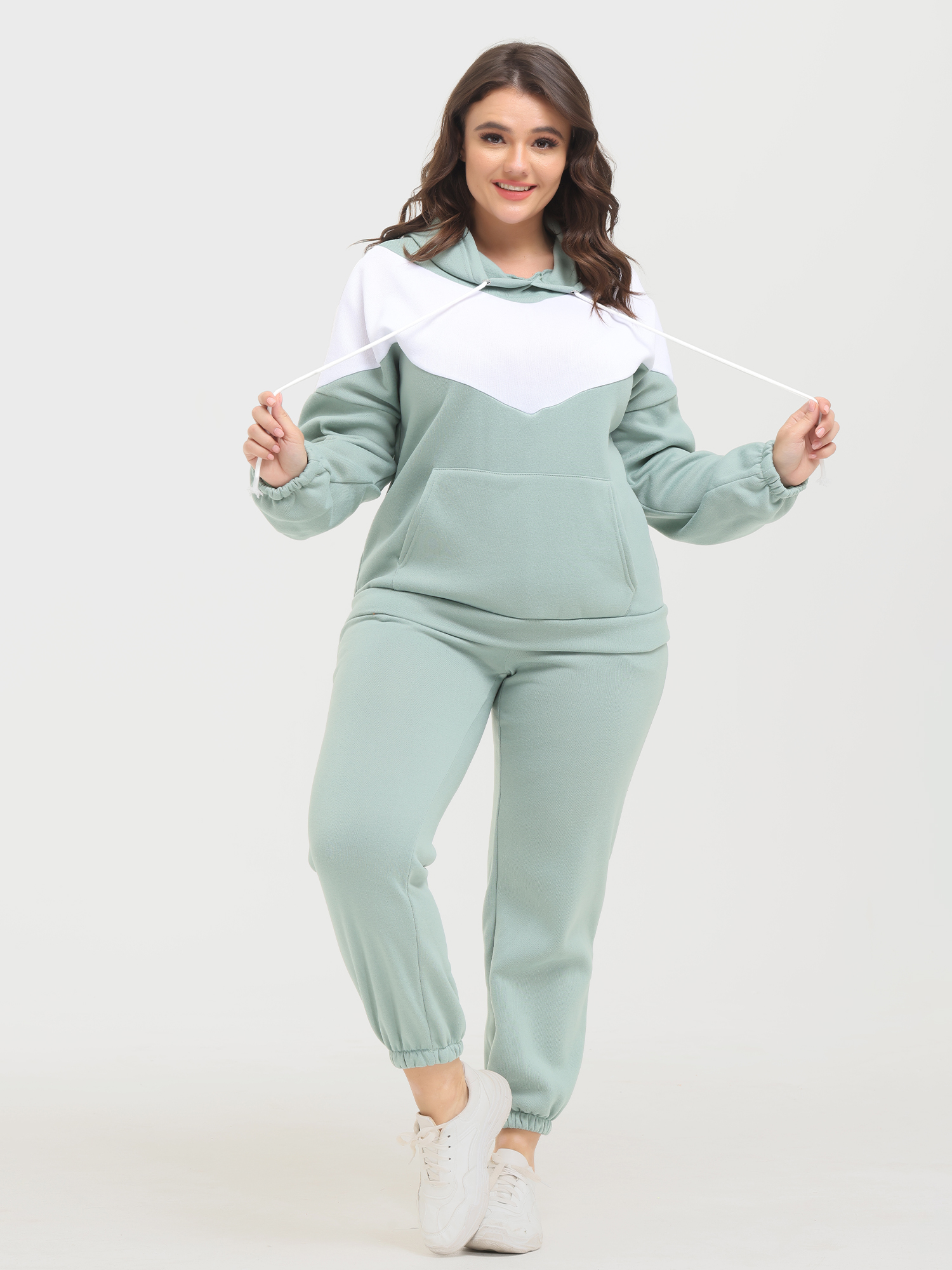 Casual Fashion Colorblock Fleece Hoodie 2-Piece Set