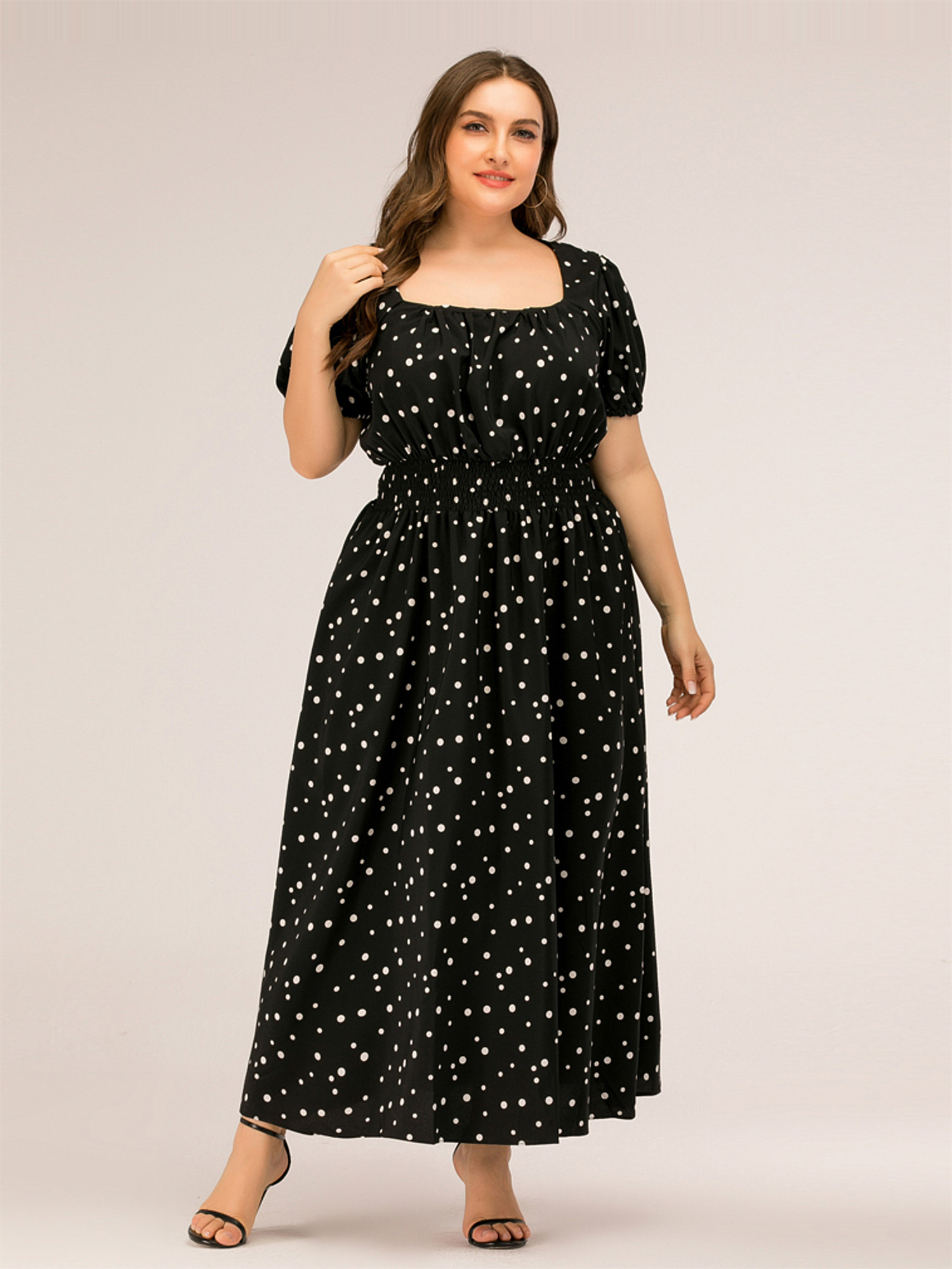 Square Neck Slimming Polka Dots Maxi Dress