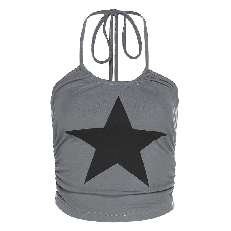 European and American Summer Fashion Trend Women's New Hanging Neck Off Back Slim Fit Printing Versatile Tank Top