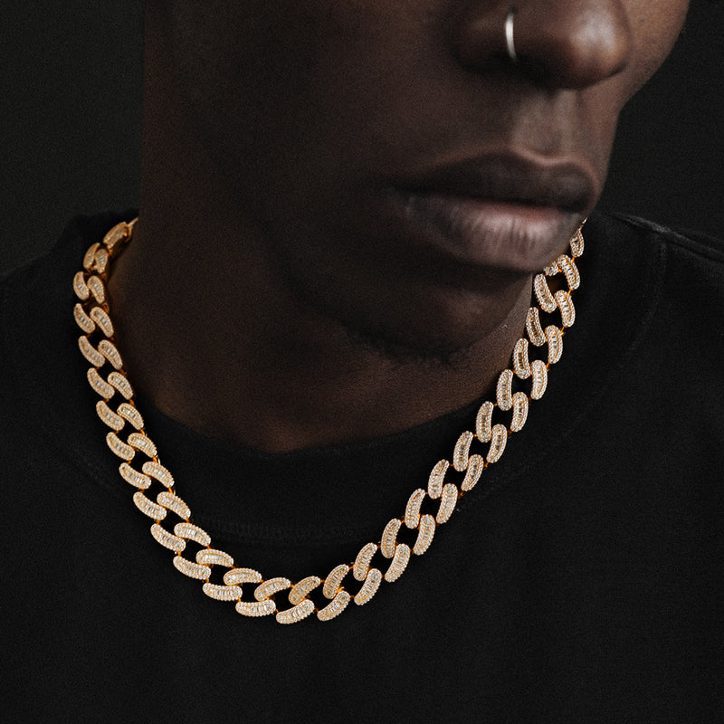 15mm Iced Out Cuban Link Chain in Yellow Gold