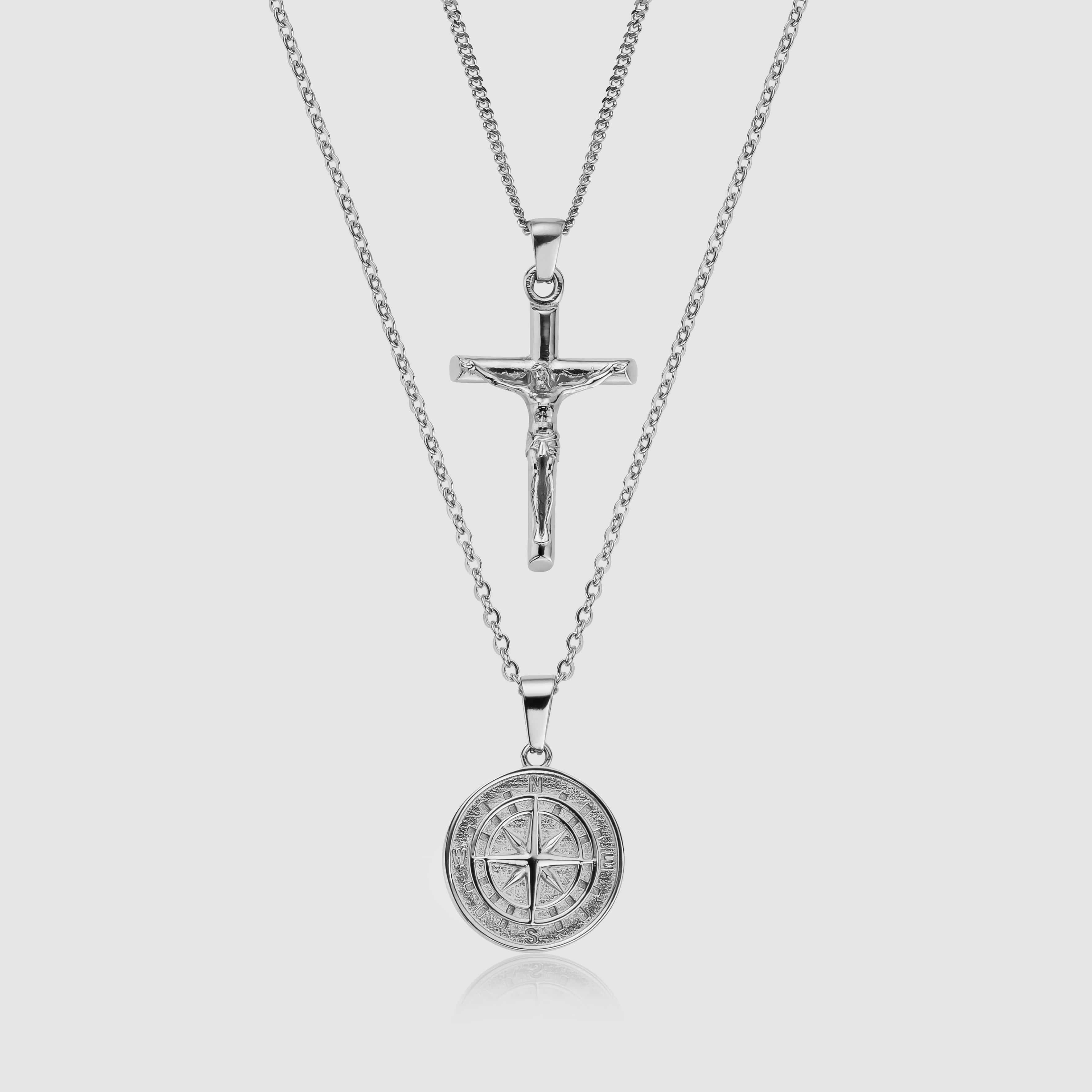 Silver Compass x Crucifix Set Necklace