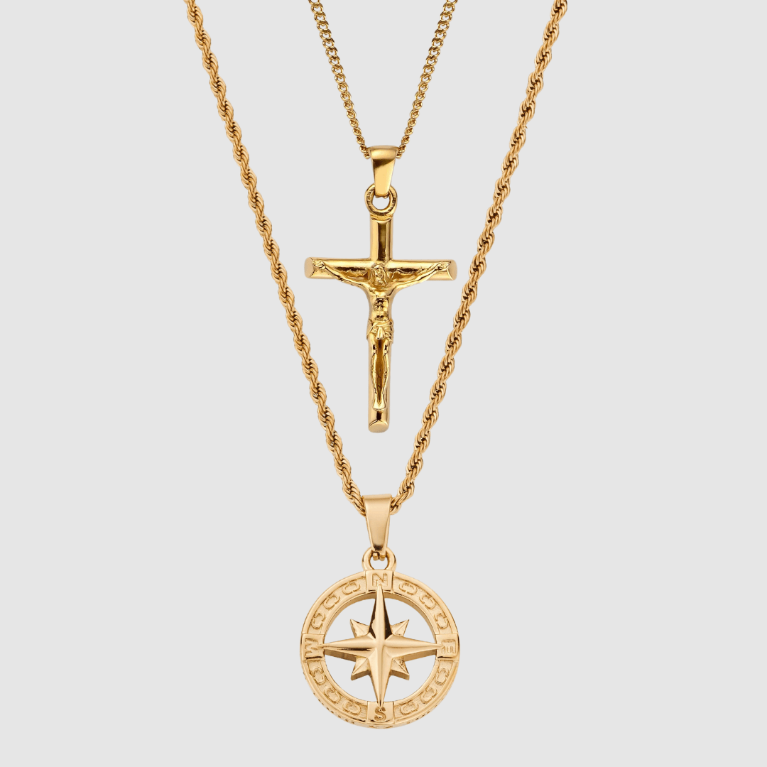 Gold North Star x Crucifix Set Necklace